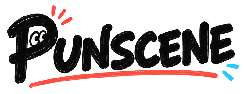 Punscene in playful hand-drawn lettering.